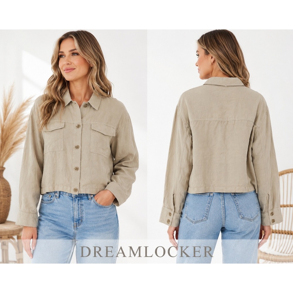 Rachel Zoe Womens‎ Tan 100% Linen Button Down Cropped Utility Shirt Jacket Large